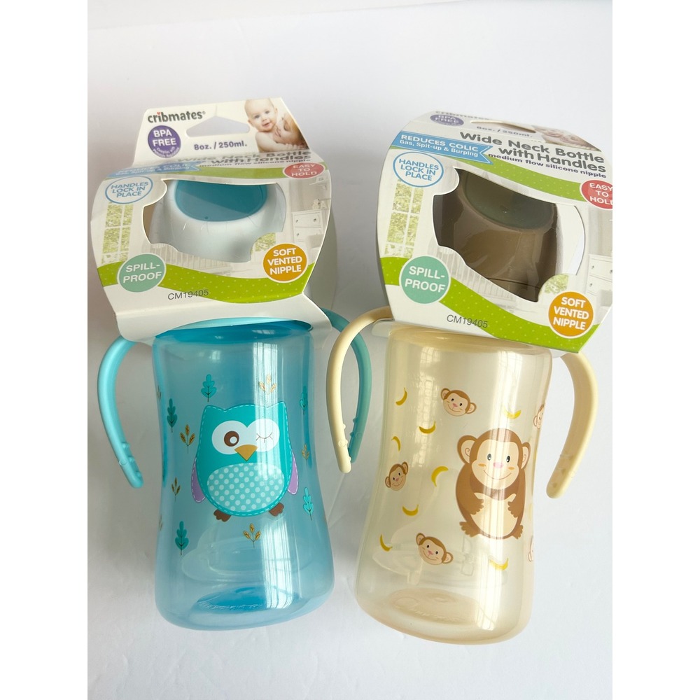 Cribmates 2 Pack Wide Neck Baby Bottles with Handles 8oz Owl Monkey